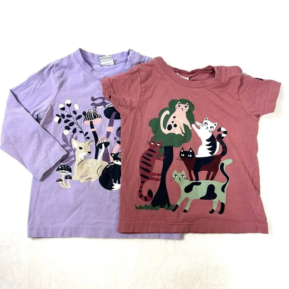 Polarn O. Pyret Girls Purple Pink Organic Cotton Woodland Cat T-shirts 2pk 86 92